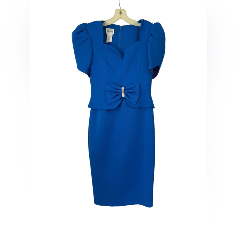 EUC Vintage Blue Leslie Fay Evening Dress Bow, Rhinestones, Padded Shoulders.
